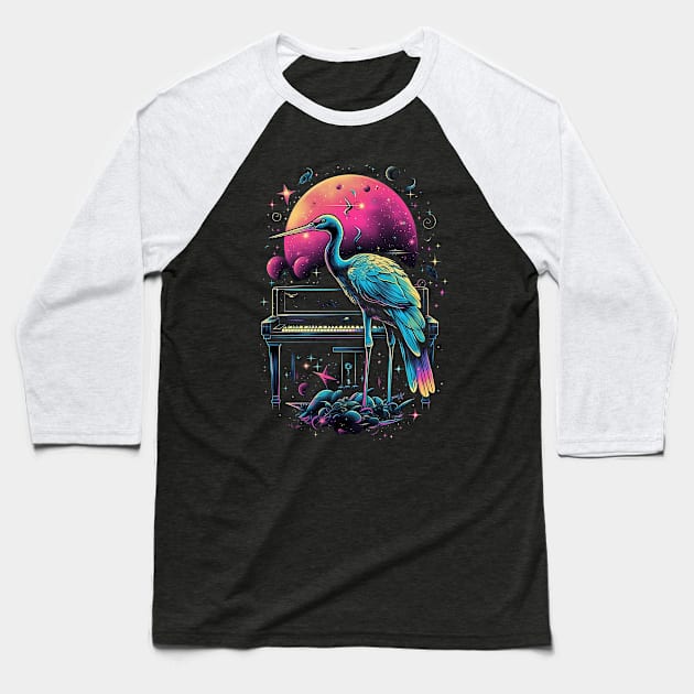 Melodic Cosmos: Flamingo's Piano Voyage through Colorful Galaxy Baseball T-Shirt by RetroPrism